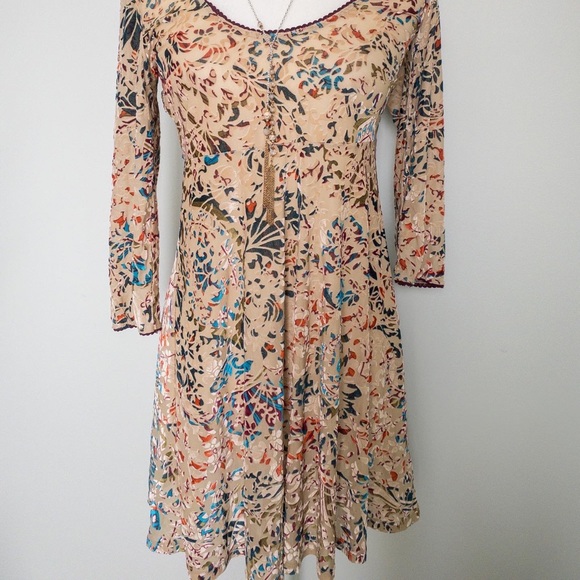 Beige and Multi-Color Mini Dress with Velvet Design - Picture 2 of 7